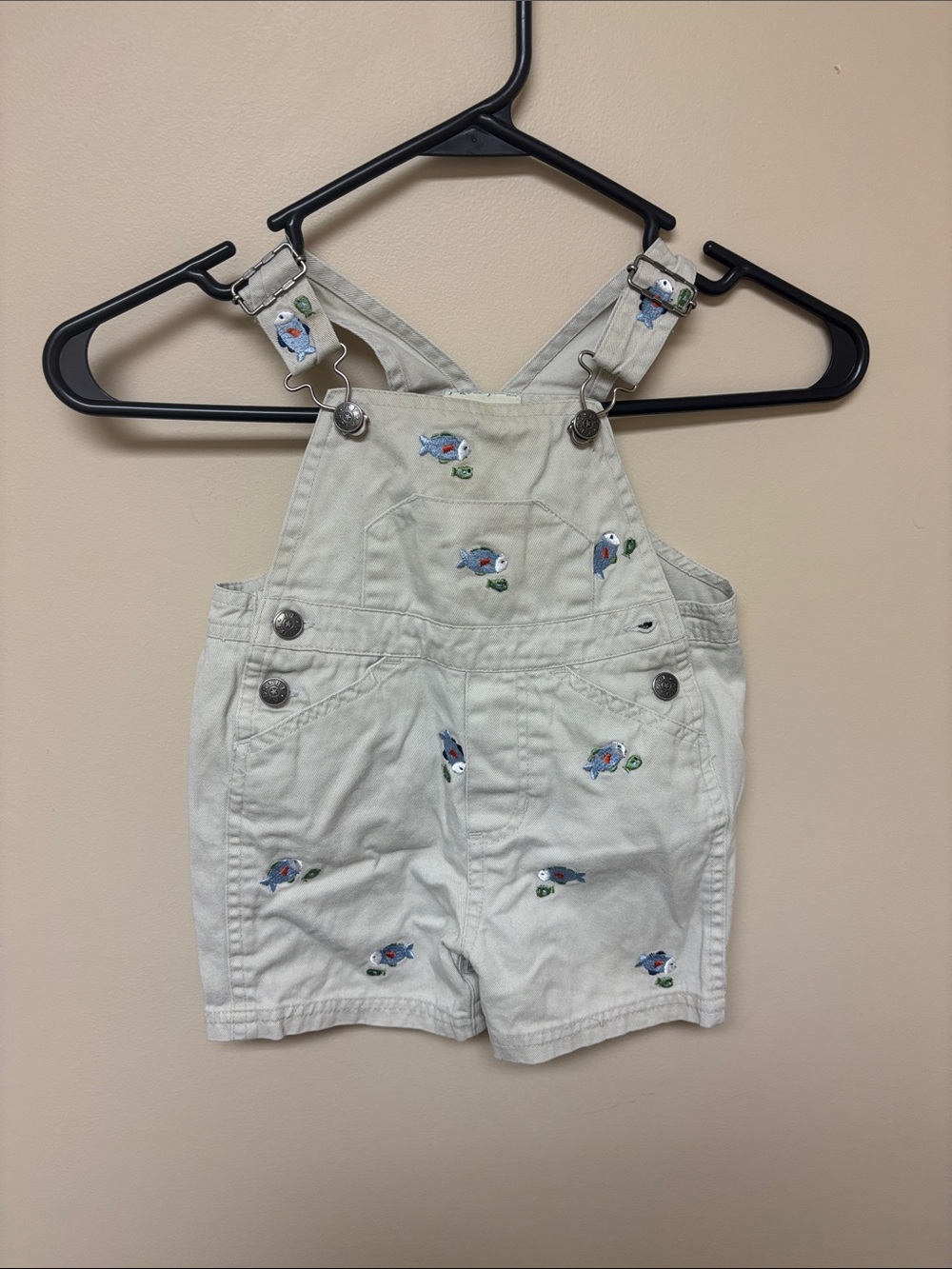 Jake and Julia Vintage Embroidered Fish Cream Toddler Overalls